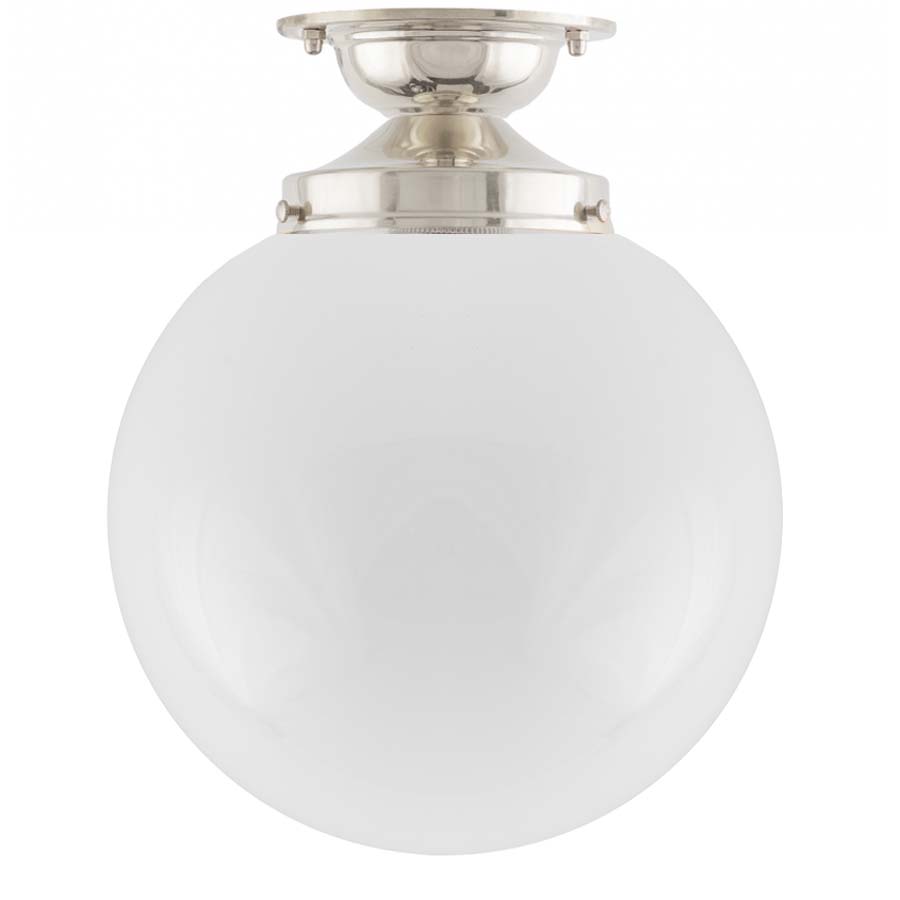 Taklampa Lundkvist 100 förnicklad stor vit glob (badrumslampa)
