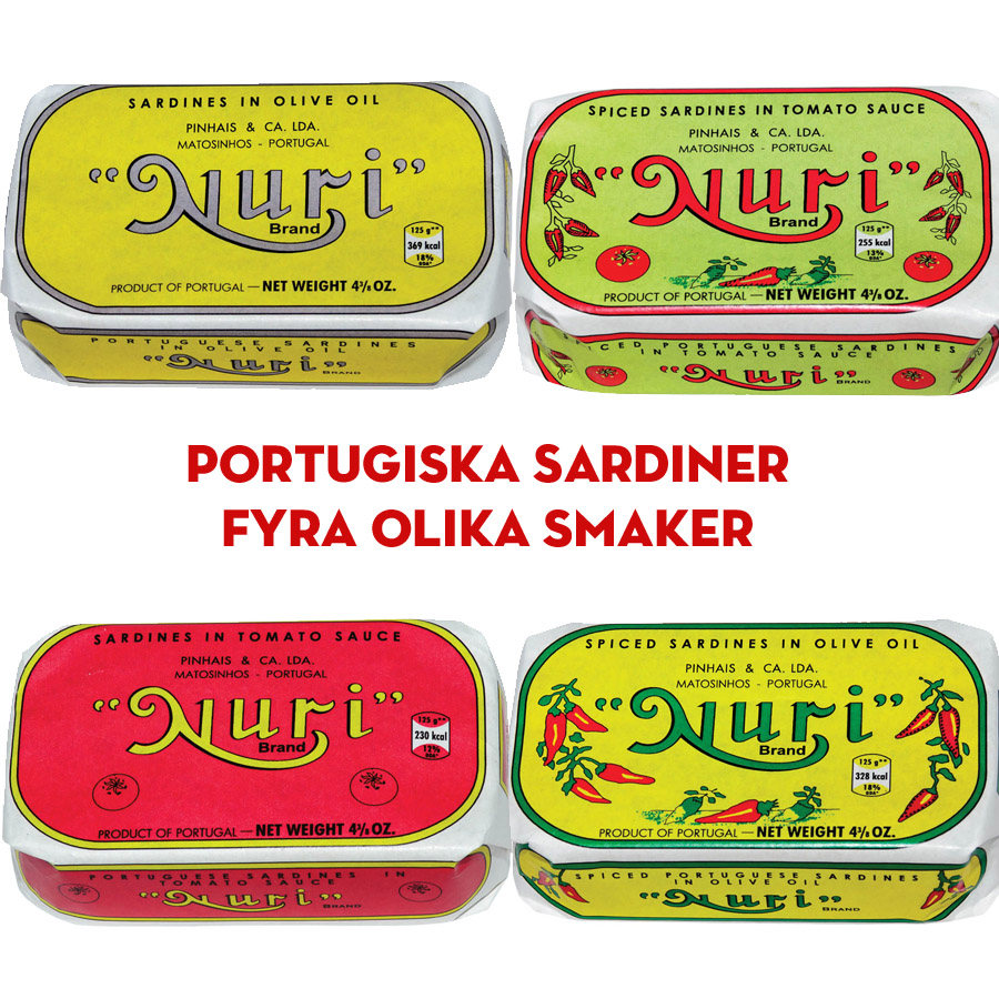 Fyra burkar portugisiska sardiner (Nuri) med olika smaker
