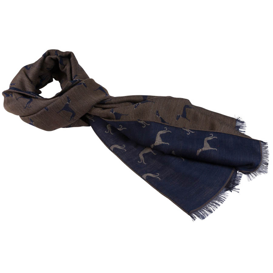 Scarf ylle/silke 45 x 200 cm, mönstrad mot blå botten